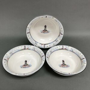 Stoneware Lighthouse Sailboats White Blue Soup Cereal Bowls 7 1/4" Lot of 3